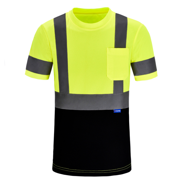 Aykrm Hi Vis-skjorter for menn, konstruksjonsklasse 3, h&oslash;ysynte skjorter, reflekterende sikkerhets-t-skjorter for menn, kvinner, kortermede arbeidsskjorter med svart bunn （APT1-018）