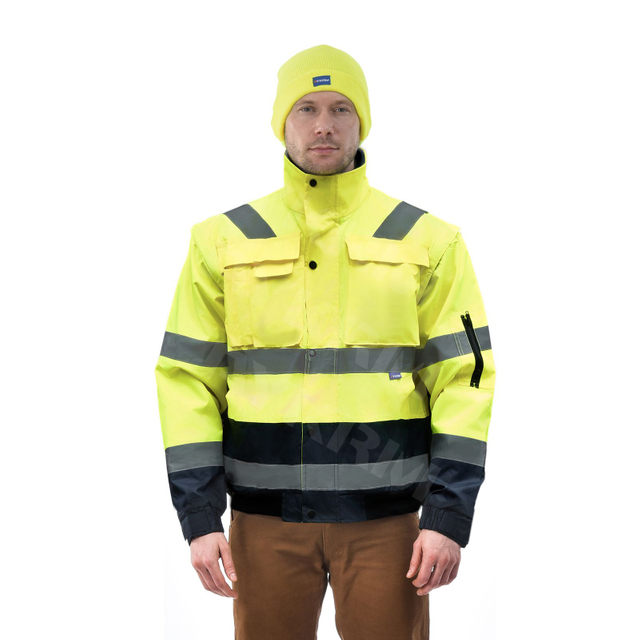 Aykrm Warnschutzjacke f&uuml;r Herren, reflektierende, gut sichtbare Kapuzenjacke, Warnschutz-Bomberjacke mit Taschen und Rei&szlig;verschluss, wasserdicht (AC5-003)